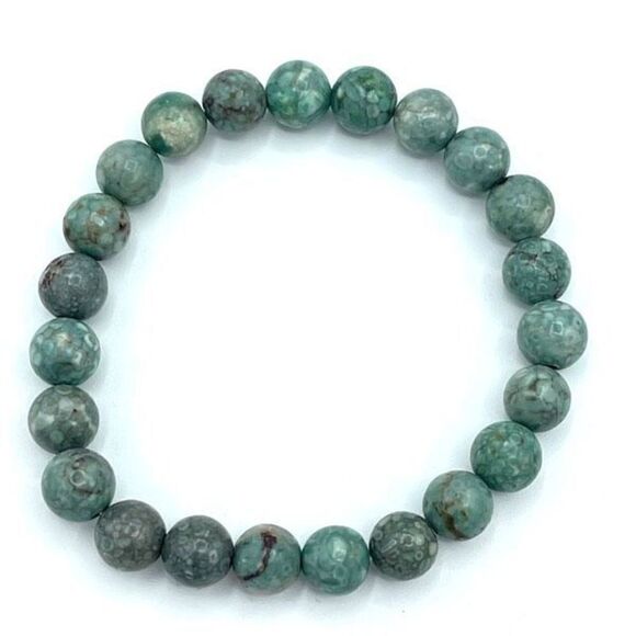 Coral jasper beaded bracelet 7” stretch crystal healing handmade anxiety fears p - Picture 1 of 8